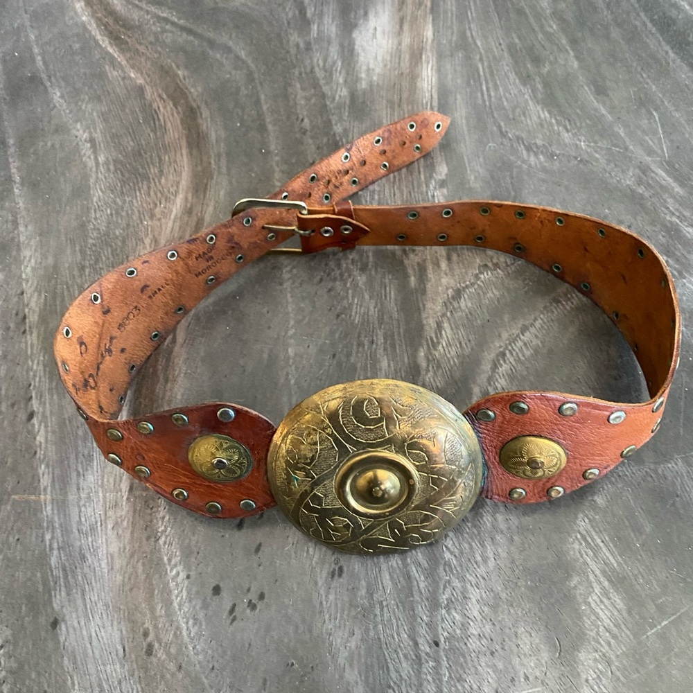 Boho Vintage Leather Belt Metal Brass Detail Decoration Festival Southwestern